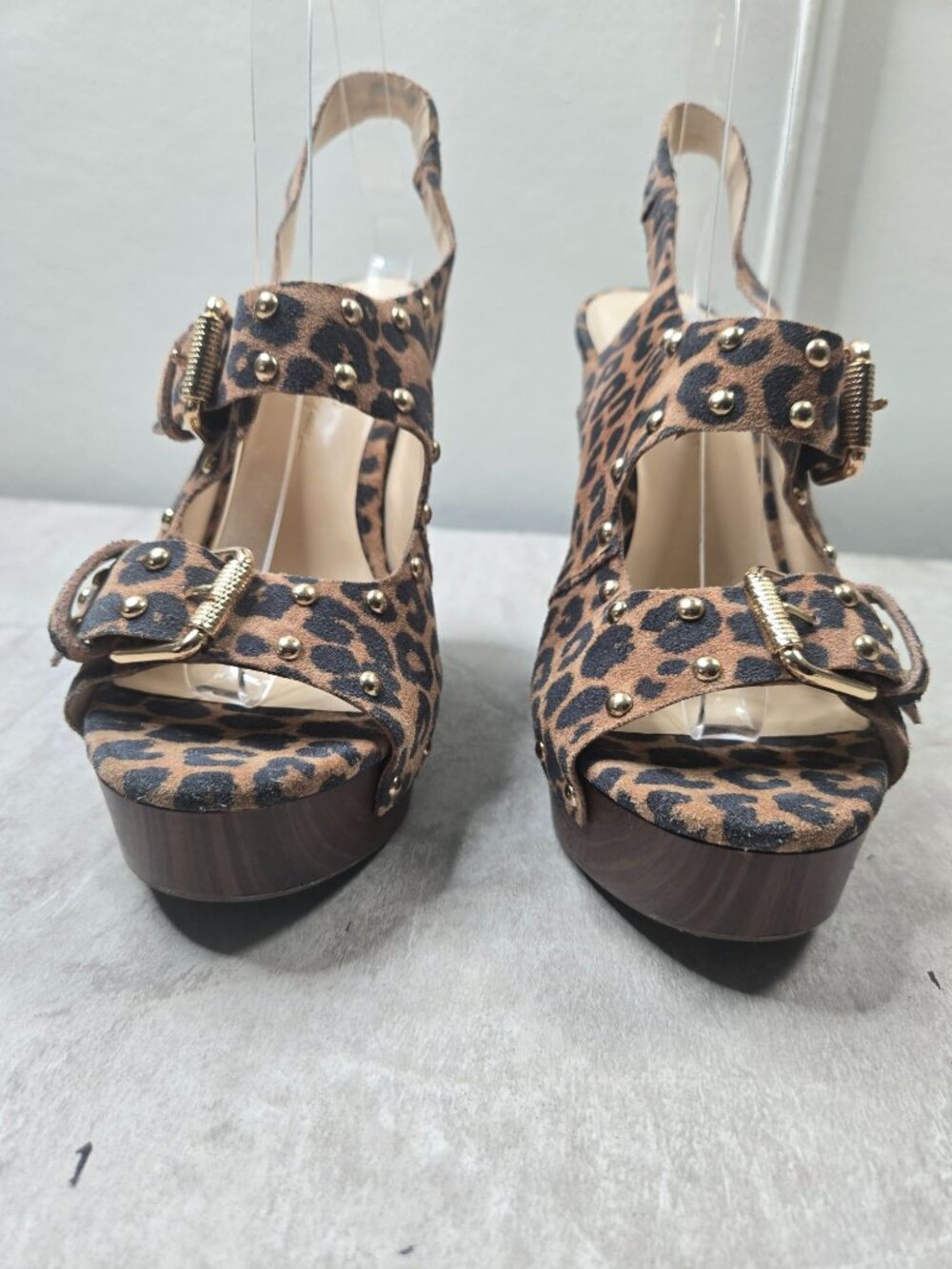 Platform Wedge Sandals 8.5 Leopard Print Peep Toe Studded Buckle Y2k Retro Glam - Picture 3 of 12